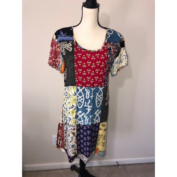 Sacred Threads Size S Dress Patchwork Art to Wear Shift Short Sleeve Mixed Print - Picture 7 of 7